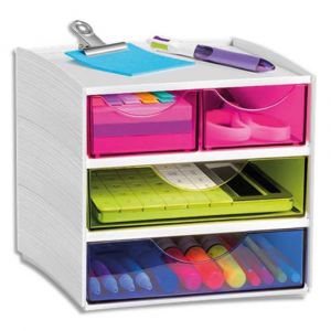 CEP Bloc de rangement 3 tiroirs, 4 compartiments. Dim: L18,6 x P18,5 x H17,5 cm. Coloris Blanc/Assortis