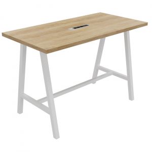 Table de réunion coworking Cohésion H.107 x L.160 x P.80 cm avec électrification - Plateau Chêne Nebraska - Pieds Blanc