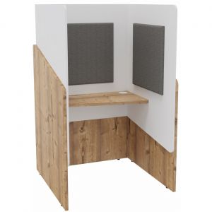 Alc&ocirc;ve cabine de confidentialit&eacute; acoustique assise CALME Bas Timber - Haut Blanc - Habillage Gris