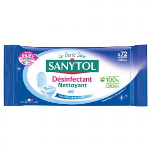 SANYTOL Lingettes WC désinfectantes nettoyantes Sanytol, parfum fraîcheur marine, étui de 72 lingettes