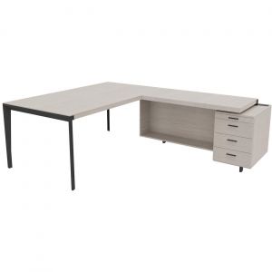 Bureau d'angle direction Arold 212 x 234 avec retour caisson porteur à droite Placage bois orme gris - Piètement métal gris