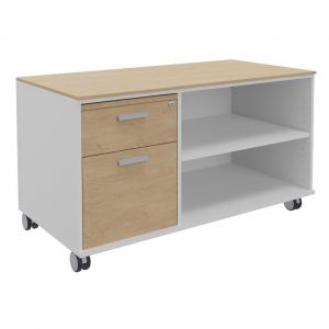 Meuble bas console mobile sur roulettes Rhéa - L. 120 x P. 60 x H. 66 cm - 2 tiroirs - Corps Blanc - Tiroirs Chêne