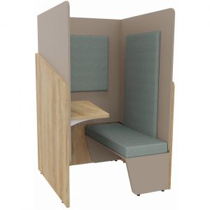 Alc&ocirc;ve cabine de confidentialit&eacute; acoustique assise banquette CALME Bas Ch&ecirc;ne Nebraska - Haut Argile - Habillage Vert - Tablette gauche