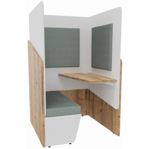 Alc&ocirc;ve cabine de confidentialit&eacute; acoustique assise banquette CALME Bas Timber - Haut Blanc - Habillage Vert - Tablette droite
