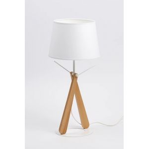 Aluminor Lampe de bureau Zazou - Ampoule Led E27 - 12W - Pied bois h&ecirc;tre et socle acier laqu&eacute; - Abat-jour blanc