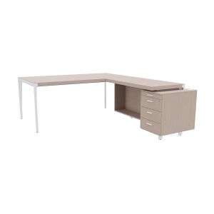 Bureau d'angle direction Arold 192 x 234 avec retour caisson porteur à droite Placage bois orme gris - Piètement métal blanc