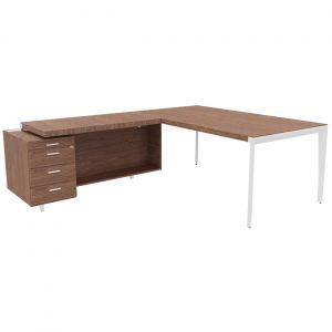 Bureau d'angle direction Arold 192 x 234 avec retour caisson porteur à gauche Placage bois noyer - Piètement métal blanc