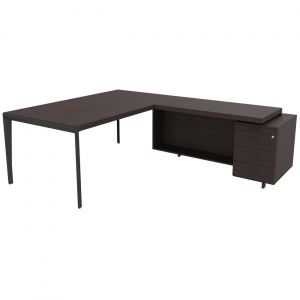 Bureau d'angle direction Arold 212 x 234 avec retour caisson porteur à droite Placage bois ébène - Piètement métal gris