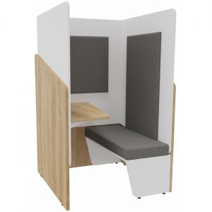 Alc&ocirc;ve cabine de confidentialit&eacute; acoustique assise banquette CALME Bas Ch&ecirc;ne Nebraska - Haut Blanc - Habillage Gris - Tablette gauche