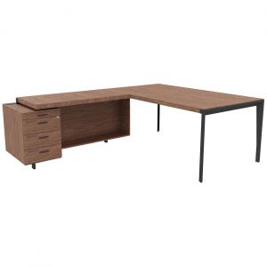 Bureau d'angle direction Arold 212 x 234 avec retour caisson porteur à gauche Placage bois noyer - Piètement métal gris