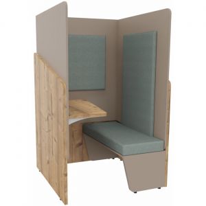 Alc&ocirc;ve cabine de confidentialit&eacute; acoustique assise banquette CALME Bas Timber - Haut Argile - Habillage Vert - Tablette gauche