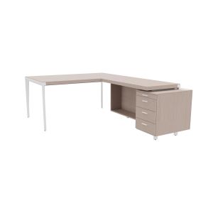 Bureau d'angle direction Arold 172 x 234 avec retour caisson porteur à droite Placage bois orme gris - Piètement métal blanc