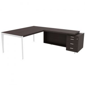 Bureau d'angle direction Arold 172 x 234 avec retour caisson porteur à droite Placage bois ébène - Piètement métal blanc