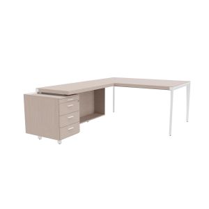 Bureau d'angle direction Arold 172 x 234 avec retour caisson porteur à gauche Placage bois orme gris - Piètement métal blanc