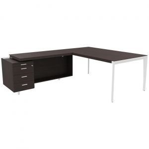 Bureau d'angle direction Arold 212 x 234 avec retour caisson porteur à gauche Placage bois ébène - Piètement métal blanc