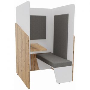 Alc&ocirc;ve cabine de confidentialit&eacute; acoustique assise banquette CALME Bas Timber - Haut Blanc - Habillage Gris - Tablette gauche