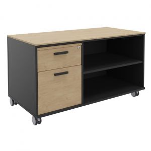 Meuble bas console mobile sur roulettes Rhéa - L. 120 x P. 60 x H. 66 cm - 2 tiroirs - Corps Carbone - Tiroirs Chêne