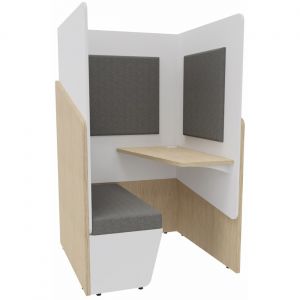 Alc&ocirc;ve cabine de confidentialit&eacute; acoustique assise banquette CALME Bas Ch&ecirc;ne - Haut Blanc - Habillage Gris - Tablette droite