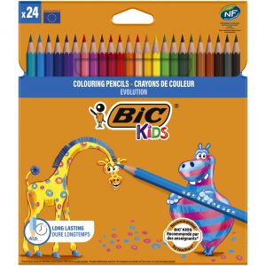 BIC Kids Evolution Crayons de couleur en r&eacute;sine synth&eacute;tique - Couleurs assorties - Paquet 24 crayons