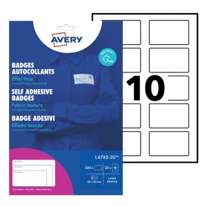 Avery Badges adh&eacute;sifs en soie-ac&eacute;tate pour imprimantes laser, repositionnables, 80&nbsp;x&nbsp;50 mm, 20&nbsp;feuilles, 10&nbsp;&eacute;tiquettes par feuille, blanc