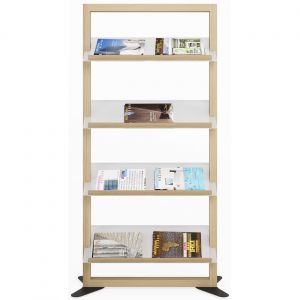 Meet Pr&eacute;sentoir catalogues structure bois massif - 4 tablettes inclin&eacute;es - H. 156,5 x L. 83,5 cm - Finition blanc et h&ecirc;tre
