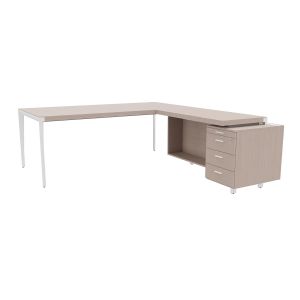 Bureau d'angle direction Arold 212 x 234 avec retour caisson porteur à droite Placage bois orme gris - Piètement métal blanc