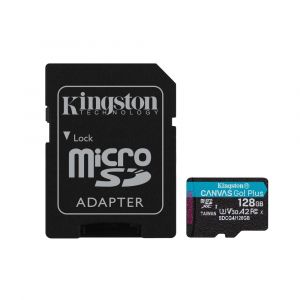 Kingston Technology Carte microSDXC Canvas Go Plus Gen4 200 Mo/s A2 U3 V30 128 Go + adaptateur, 128 Go, MicroSD, Classe 10, UHS-I, 200 Mo/s, Class 3 (