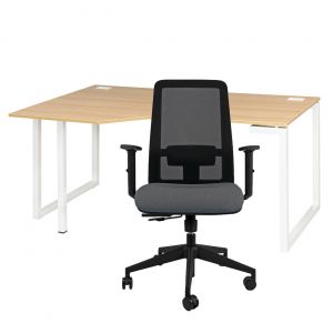 Pack bureau d'angle compact retour à gauche Vitaly L.160 x P.105 cm Chêne pieds Blanc + siège Naïa maille Anthracite