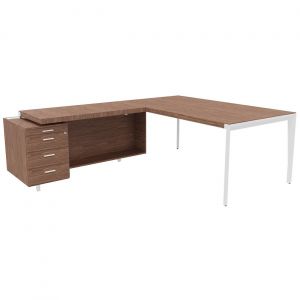 Bureau d'angle direction Arold 212 x 234 avec retour caisson porteur à gauche Placage bois noyer - Piètement métal blanc