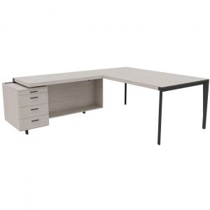 Bureau d'angle direction Arold 172 x 234 avec retour caisson porteur à gauche Placage bois orme gris - Piètement métal gris