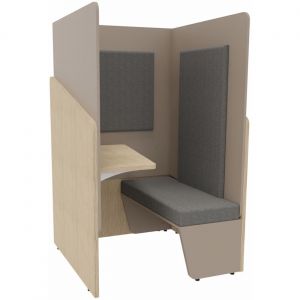 Alc&ocirc;ve cabine de confidentialit&eacute; acoustique assise banquette CALME Bas Ch&ecirc;ne - Haut Argile - Habillage Gris - Tablette gauche
