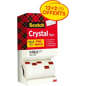 Scotch Crystal Ruban adh&eacute;sif transparent largeur 19 mm x longueur 33 m (Lot de 12 + 2 OFFERTS)