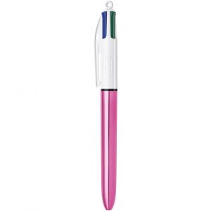BIC 4 couleurs Shine Stylo bille r&eacute;tractable pointe moyenne 1 mm - Corps Rose M&eacute;tal