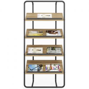 Meet Pr&eacute;sentoir catalogues structure acier noir - 4 tablettes bois - H. 159 x L. 75 cm - Finition noir et noyer