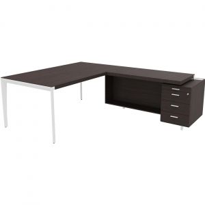 Bureau d'angle direction Arold 192 x 234 avec retour caisson porteur à droite Placage bois ébène - Piètement métal blanc