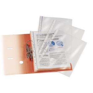 MONDOFFICE Pochettes perfor&eacute;es transparentes A4 polypropyl&egrave;ne grain&eacute; 4/100 - Bo&icirc;te de 100