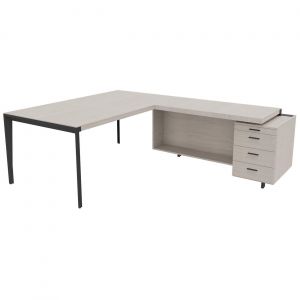 Bureau d'angle direction Arold 172 x 234 avec retour caisson porteur à droite Placage bois orme gris - Piètement métal gris