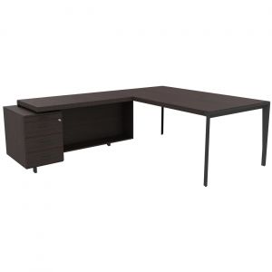 Bureau d'angle direction Arold 172 x 234 avec retour caisson porteur à gauche Placage bois ébène - Piètement métal gris