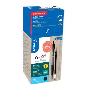 Pilot Eco Pack G2+ 07, stylo encre gel r&eacute;tractable, pointe moyenne 0,7 mm, corps noir transparent avec zone de pr&eacute;hension, encre noire, 12 stylos + 12 recharges dont 6 offertes