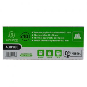Exacompta Bobine tickets de caisse 80 x 72 x 12 mm - Longueur 76M - 43818E - Rouleau papier thermique  1 pli 48g sans ph&eacute;nol - Lot de 10