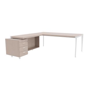 Bureau d'angle direction Arold 212 x 234 avec retour caisson porteur à gauche Placage bois orme gris - Piètement métal blanc