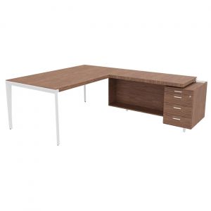 Bureau d'angle direction Arold 192 x 234 avec retour caisson porteur à droite Placage bois noyer - Piètement métal blanc