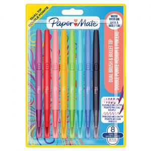 Paper Mate Flair Dual - Stylo feutre &agrave; double pointe pinceau et moyenne - Pochette 8 couleurs assorties