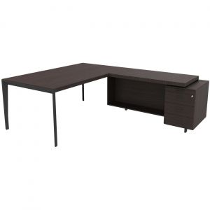 Bureau d'angle direction Arold 172 x 234 avec retour caisson porteur à droite Placage bois ébène - Piètement métal gris