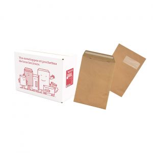 Pochette kraft brun C4 - 229 x 324 mm 90g - Fen&ecirc;tre 110 x 50 mm - Autocollante bande protectrice - Lot de 250