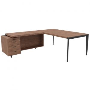 Bureau d'angle direction Arold 172 x 234 avec retour caisson porteur à gauche Placage bois noyer - Piètement métal gris