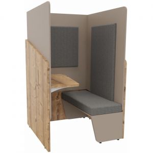 Alc&ocirc;ve cabine de confidentialit&eacute; acoustique assise banquette CALME Bas Timber - Haut Argile - Habillage Gris - Tablette gauche