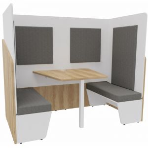 Alc&ocirc;ve cabine de confidentialit&eacute; acoustique duo assise 2 banquettes CALME Bas Ch&ecirc;ne Nebraska - Haut Blanc - Habillage Gris