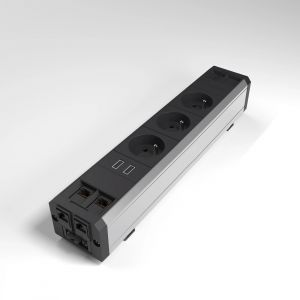 Multiprise VersaTek 2 Prises &eacute;lectriques + 2 RJ45 + USB + HDMI -Aluminium et Noir -c&acirc;ble d'alimentation 3m