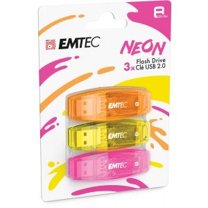 EMTEC C410 N&eacute;on - Cl&eacute; USB 2.0 - 8 Go - Pack de 3 - Coloris assortis